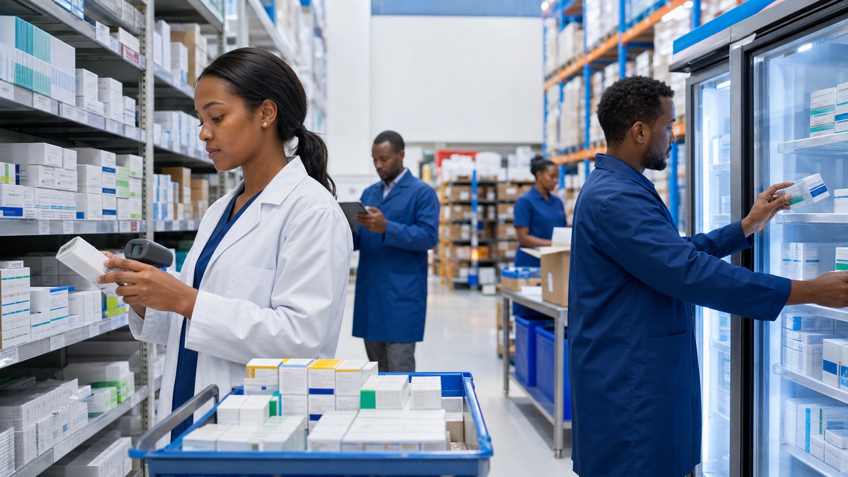 Conceptual pharmaceutical warehouse with supply and pharmacy team members.