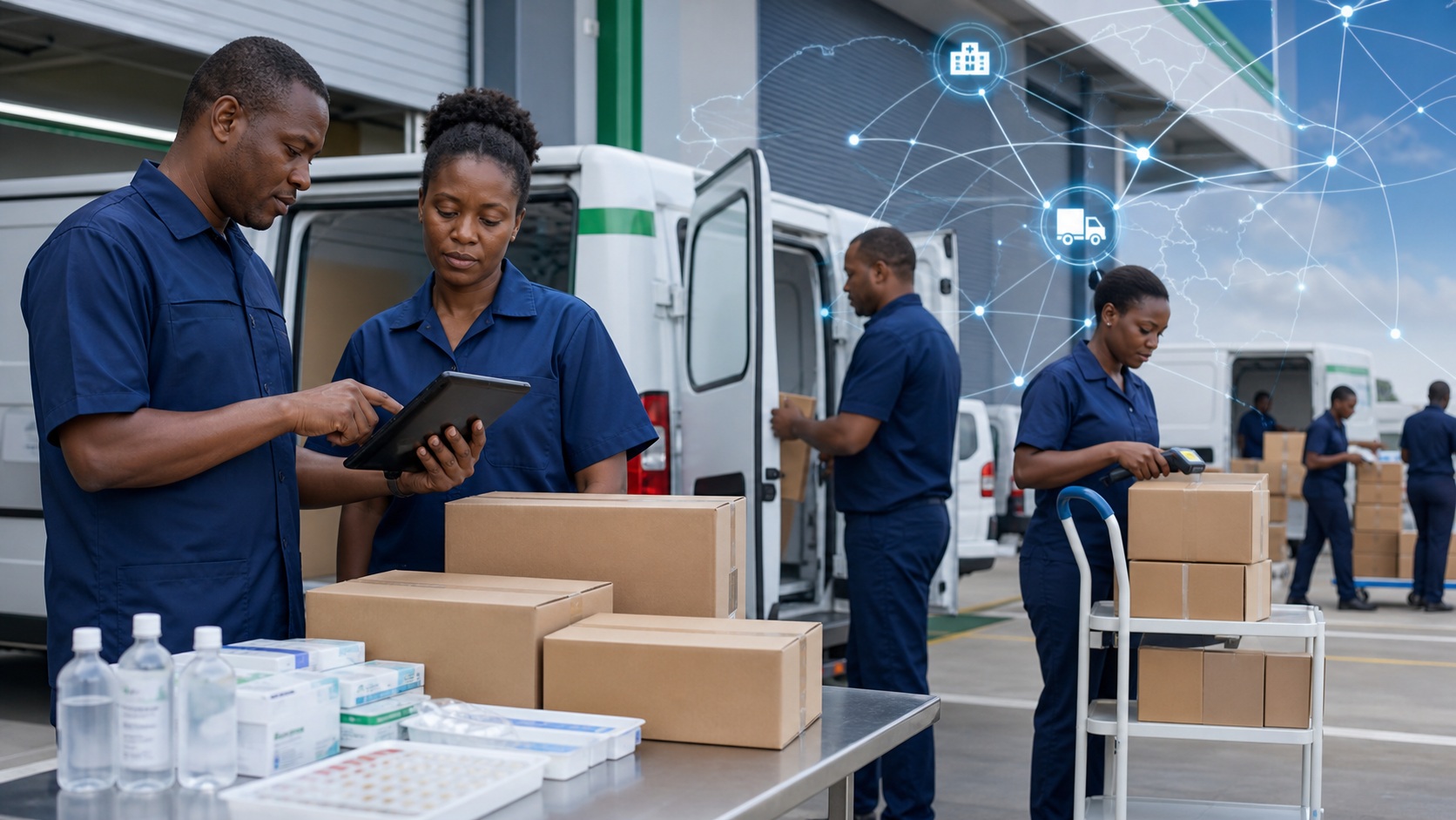 Conceptual healthcare supply chain network connecting warehouses, hospitals, and logistics routes.